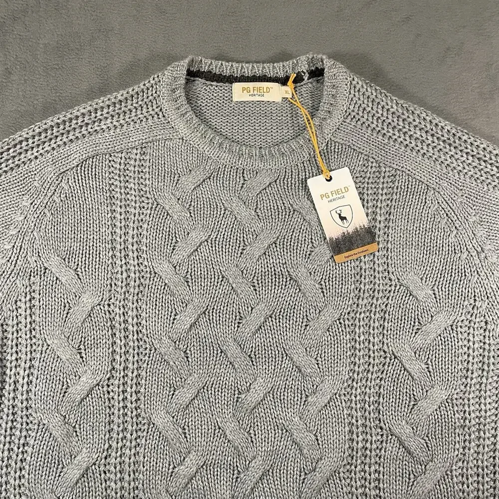 PG Field Sweater Gray Mens XL Knit Cable Crewneck Cotton Outdoor Casual
